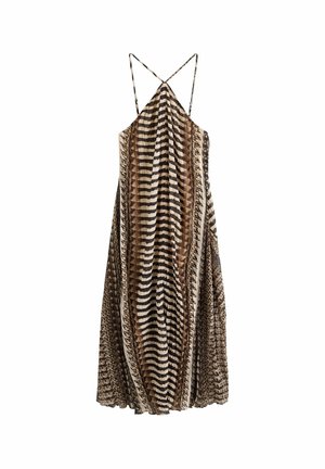 Braun-cremefarbenes ärmelloses Kleid mit gestuftem Design, das horizontale Streifen und Akzente mit Tiermuster aufweist. Leichter, fließender Stoff.