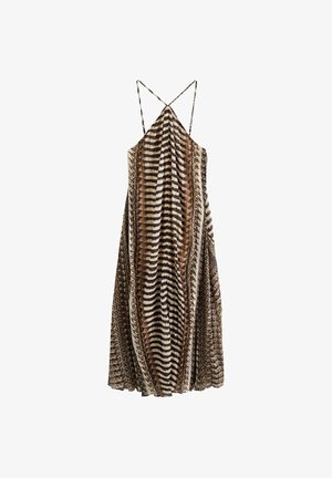 Brun og cremefarvet ærmeløs kjole med et lagdelt design, der har vandrette striber og dyreprintdetaljer. Let og flydende stof.
