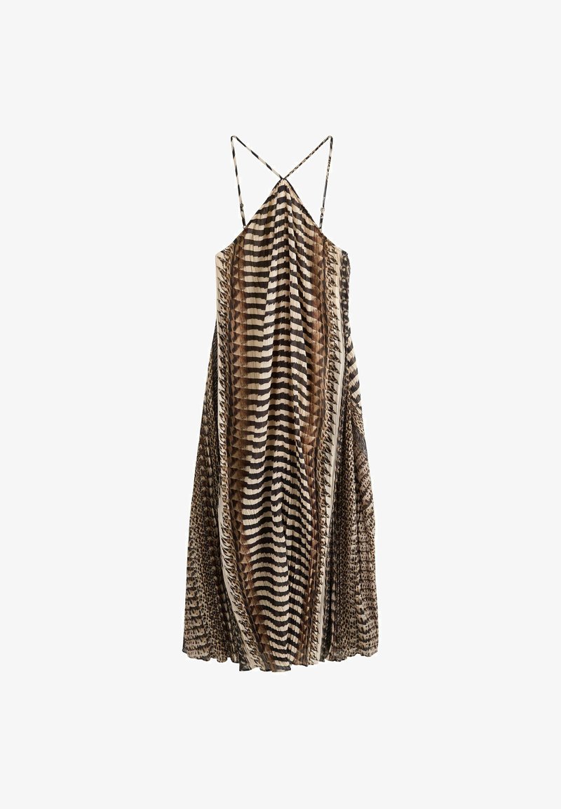 Hnedé a krémové šaty bez rukávov s vrstveným strihom, ktoré majú vodorovné pruhy a akcenty s motívom zvierat. Ľahká, jemne sa vlnivá látka.