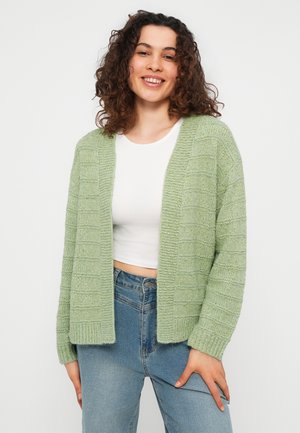 Γυναίκα με σγουρά μαλλιά που χαμογελά, φοράει ανοιχτοπράσινο πλεκτό ζακέτα πάνω από λευκό κοντό τοπ και μπλε τζιν, με φόντο λευκό απλό.