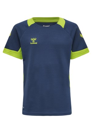 Granatowa sportowa koszulka z limonkowo-zielonym kołnierzem, krawędziami rękawów i bocznymi akcentami, z małym logo hummel na piersi i rękawach.
