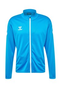 Blazer in Blau aus glattem, leichtem Material. Verfügt über einen hohen Kragen, einen weißen Reißverschluss und ein Logo auf der linken Brust und dem Ärmel.