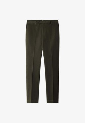 Dark olive green tailored trousers with front crease, button and zipper closure, and belt loops, displayed on a white background.