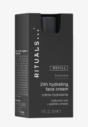 Opakowanie uzupełniające kremu do twarzy nawilżającego Rituals homme 24h z kwasem hialuronowym i kompleksem peptydów, czarne opakowanie, rozmiar 50 ml.