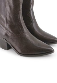 Botas de ante tobilleras de color marrón con punta afilada, superficie texturizada y tacón bajo. Presentan cortes laterales decorativos y costuras en contraste.