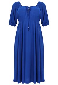 Blauwe jurk met korte mouwen, vierkante halslijn, smocktail en trekkoorddetails. Gemaakt van lichte stof met een gladde textuur.