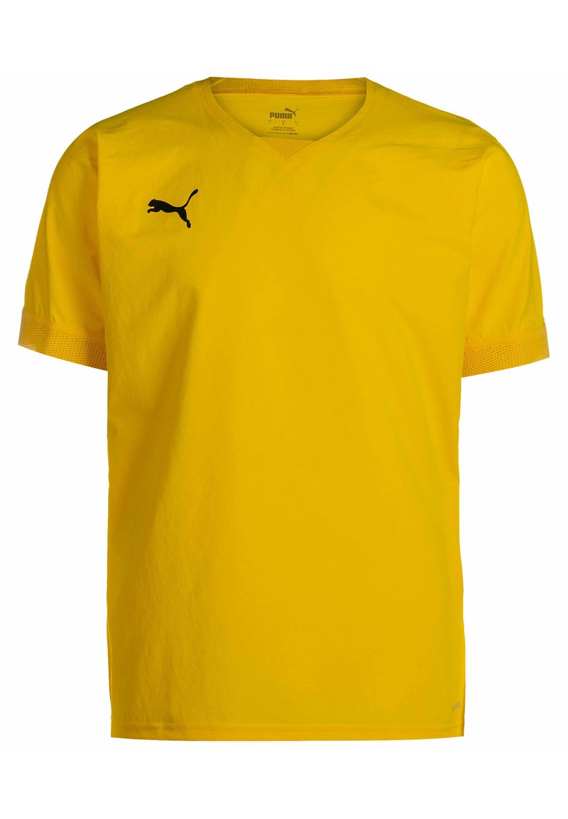 Maglietta sportiva gialla a maniche corte con scollatura a V e logo Puma nero sul lato sinistro del petto. Realizzata in tessuto leggero con dettagli testurizzati.