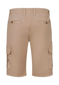 Beige cargo shorts made from lightweight fabric, featuring two side pockets, two back pockets, and a button closure on the waistband.