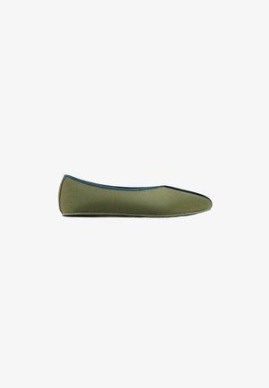 Olive green slip-on flat shoe with a pointed toe and contrasting blue trim along the upper edge, shown in side view.