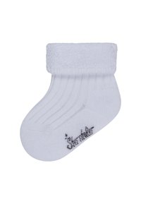 White cotton sock with a ribbed texture and a plush cuff. Features a small black logo on the sole. Rounded toe with smooth finish.