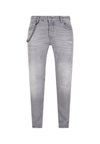 Szare dżinsy w slim fit, z przetarciami, widocznym guzikiem w pasie oraz dekoracyjnym łańcuchem po boku.