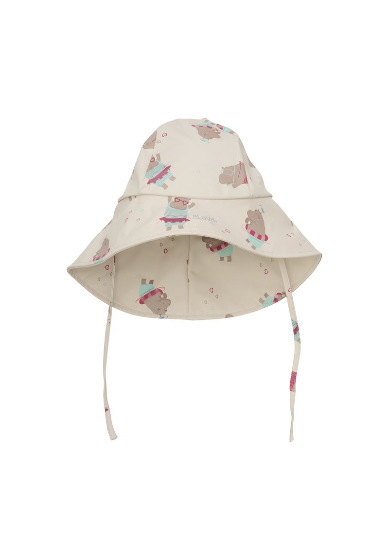 Buckethat i lätt, krämfärgad tyg med ett lekfullt björntryck i pastellfärger och två fästband på sidorna.