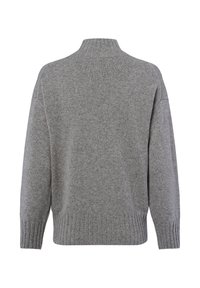 Grauer Strickpullover mit hohem Kragen, geripptem Saum und Bündchen, locker sitzend und mit weicher Textur. Rückansicht ohne weitere Details.