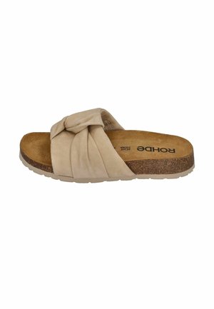 Beige suede slide sandal with a twisted upper design, cork footbed, and a textured rubber sole. Brand name "Rohde" visible inside.