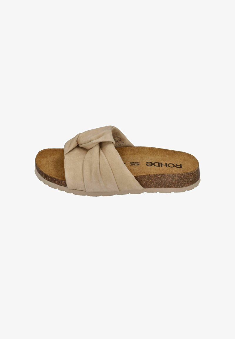 Beige suede slide sandal with a twisted upper design, cork footbed, and a textured rubber sole. Brand name "Rohde" visible inside.