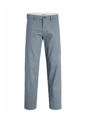 Pantalon bleu-gris coupe droite pour homme avec passants de ceinture, bouton sur le devant et fermeture éclair, présenté sur fond blanc.