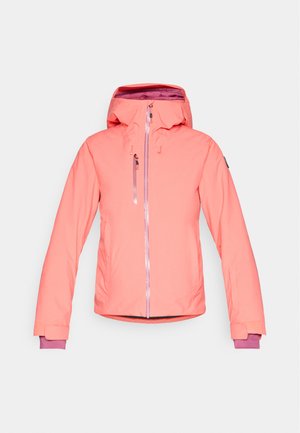Roze winterjack met capuchon, voorzien van front- en borstritsen, verstelbare mouwmanchetten en verlengde binnenmanchetten in paars.