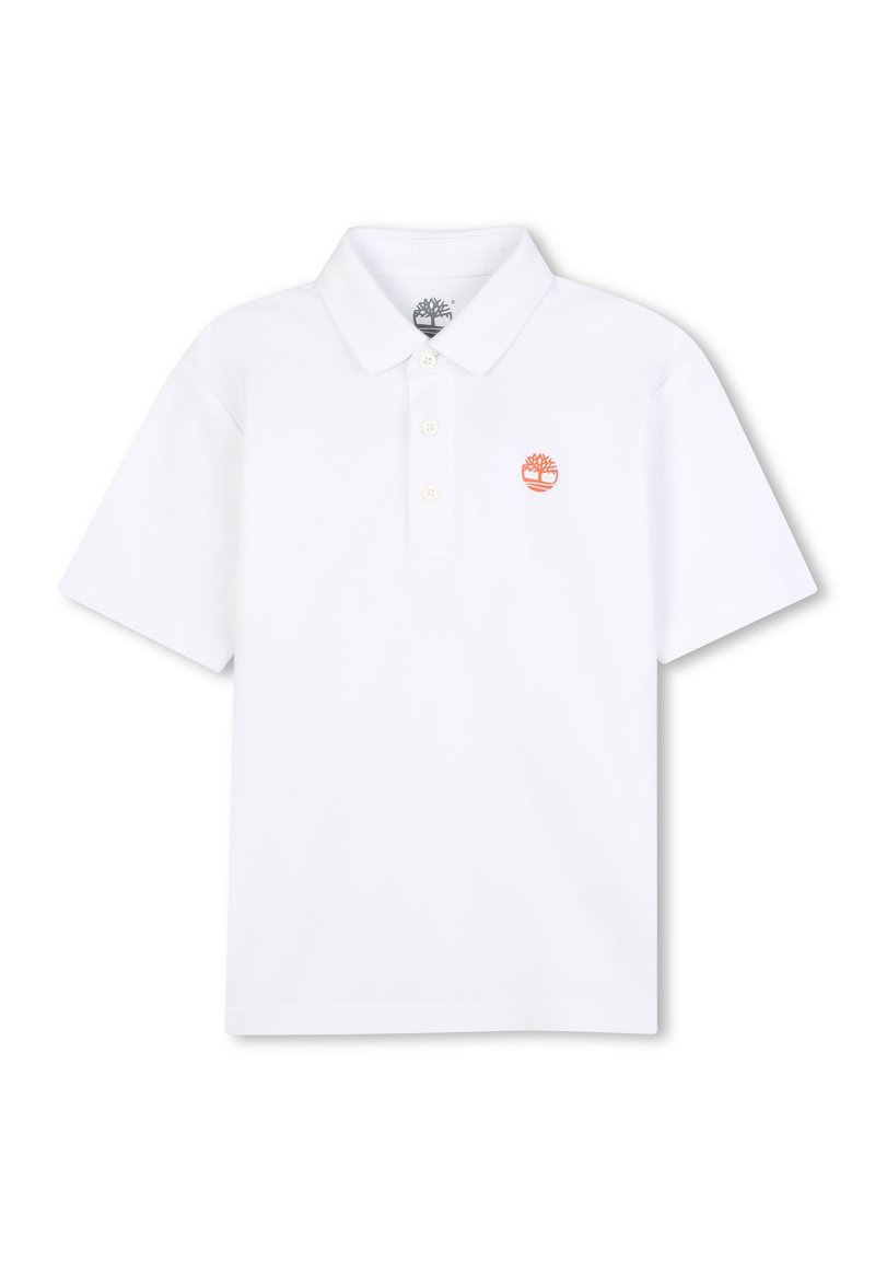 Witte polo shirt van katoen met een klassieke kraag, een drieknoopsluiting, korte mouwen en een klein oranje boompje logo op de borst.