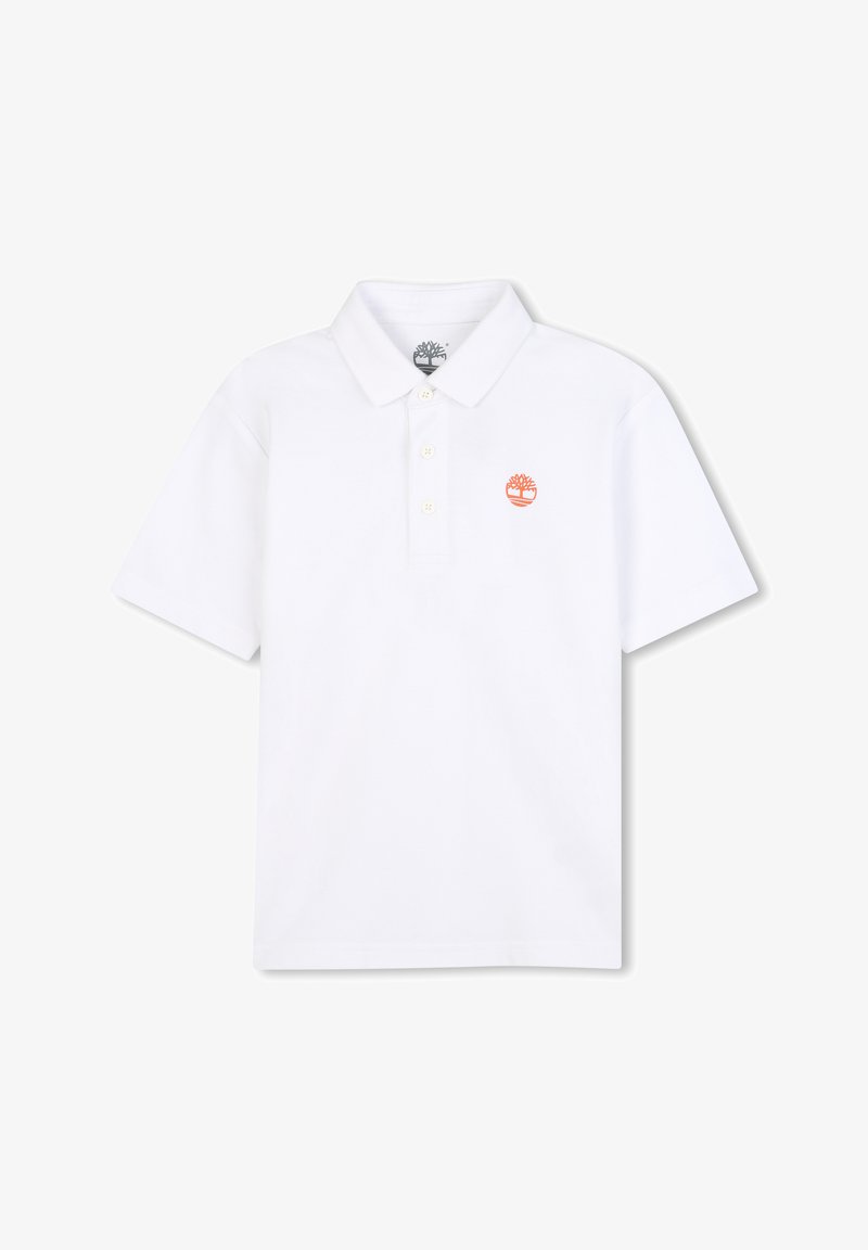 Polo shirt blanc en coton avec un col classique, une patte de boutonnage à trois boutons, des manches courtes et un petit logo d'arbre orange sur la poitrine.