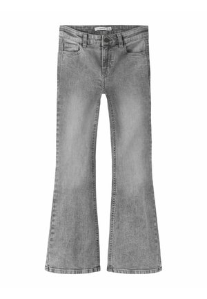 Grå denimjeans med en let vidde forneden, forreste knap- og lynlåslukning samt fem-lomme-design.