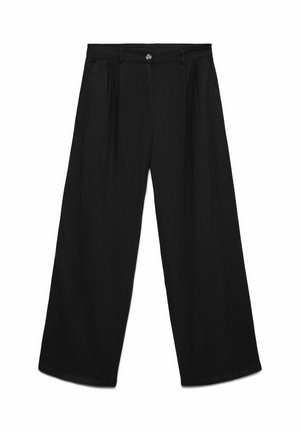 Melnas plašas bikses ar locījumiem, sānu kabatām, jostas cilpām un pogas aizdari viduklī.