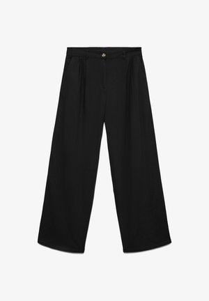 Pantaloni neri a gamba larga con pieghe, tasche laterali, passanti per cintura e chiusura con bottone in vita.