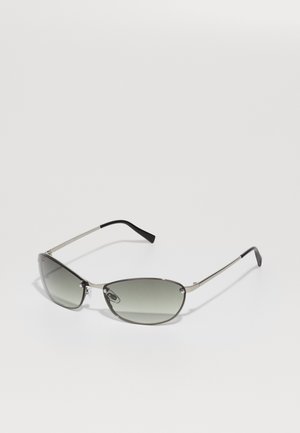 Metal sunglasses with a slim, elongated cat-eye shape, gray tinted lenses, and black rubber-accented temples.