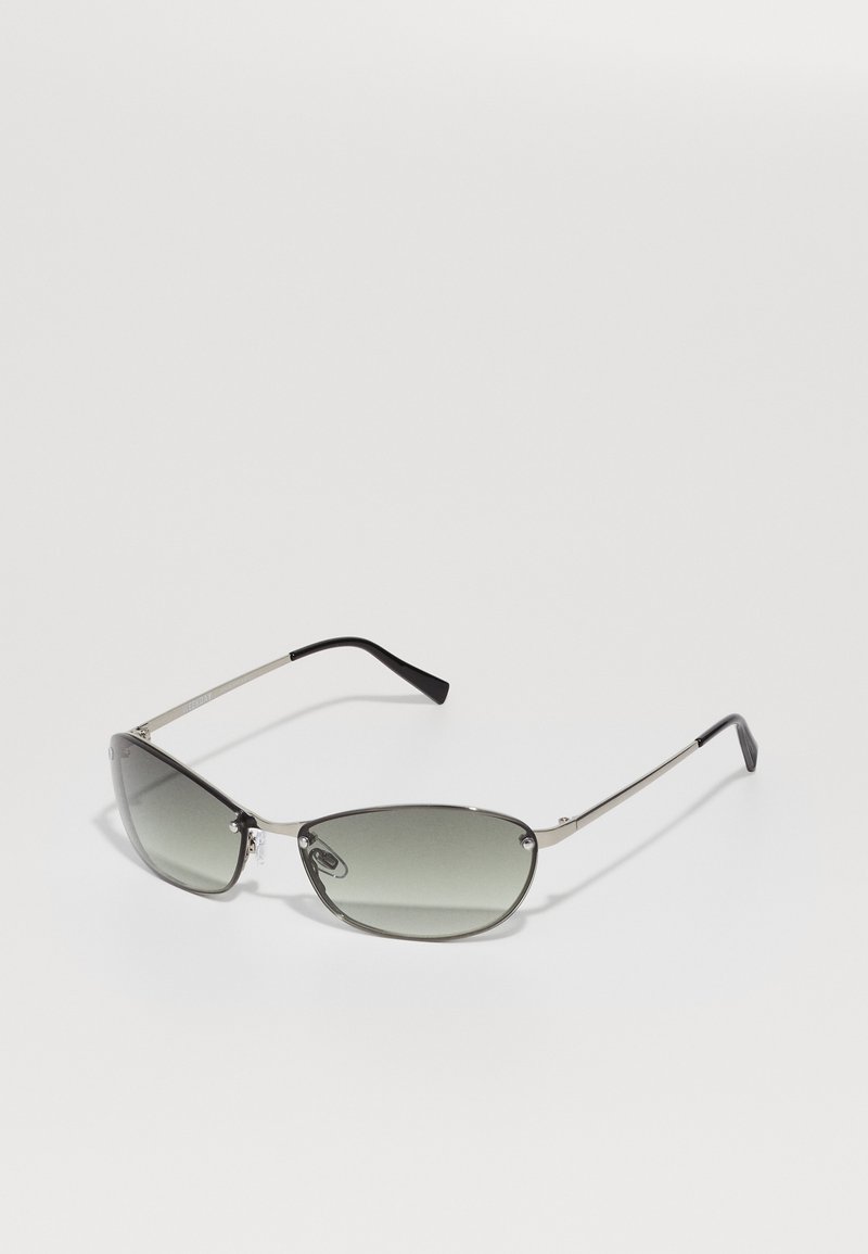 Metal sunglasses with a slim, elongated cat-eye shape, gray tinted lenses, and black rubber-accented temples.