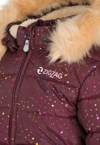 Veste rembourrée bordeaux avec motif en sequins multicolores, capuche bordée de fourrure et fermeture éclair. Logo de la marque bien visible à l'avant.