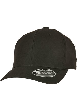 Zwarte baseballpet met een ronde kroon, gebogen klep en Flexfit 110-label. Gemaakt van gladde stof zonder zichtbare patronen of accenten.