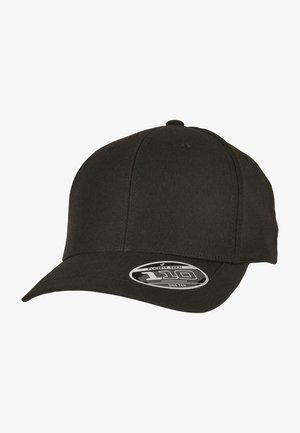 Black baseball cap with a rounded crown, curved brim, and Flexfit 110 tag. Made from smooth fabric with no visible patterns or accents.