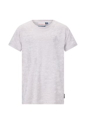 Jasnoszary t-shirt z krótkim rękawem o subtelnym teksturowanym wzorze i małym logo "Retour Jeans" na lewej piersi.