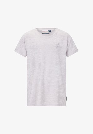 T-shirt a maniche corte grigio chiaro con un motivo testurizzato sottile e un piccolo logo "Retour Jeans" sul petto a sinistra.