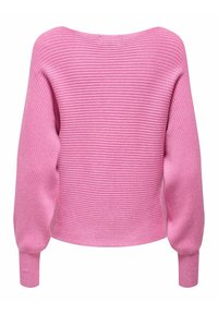 Rosa ribbestrikket genser med rund hals, lange ermer og innsydde mansjetter, med et teksturert stoff som gir dybde.