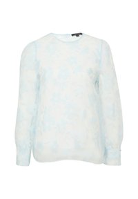 Helle blaue Blumenbluse aus transparenter Stoff, mit langen Ärmeln, rundem Ausschnitt und einem weichen, strukturierten Muster.