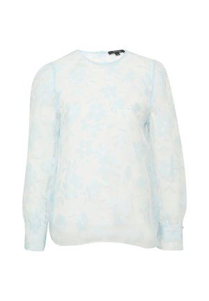 Lichtblauwe bloemetjesblouse van doorschijnende stof, met lange mouwen, een ronde hals en een zachte, gestructureerde print over de hele blouse.