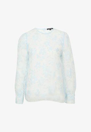 Lichtblauwe bloemetjesblouse van doorschijnende stof, met lange mouwen, een ronde hals en een zachte, gestructureerde print over de hele blouse.