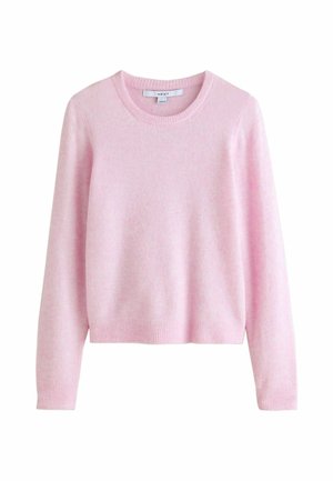 Lyserød, tætsiddende sweater lavet af blødt stof. Har en rund halsudskæring, lange ærmer og ribbede kanter og manchetter. Glat tekstur.