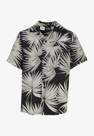 Schwarz kurzärmliges Hemd mit weißem Palmenblattmuster; leichtes Material, Kragen-Design und fünf schwarze Knöpfe.