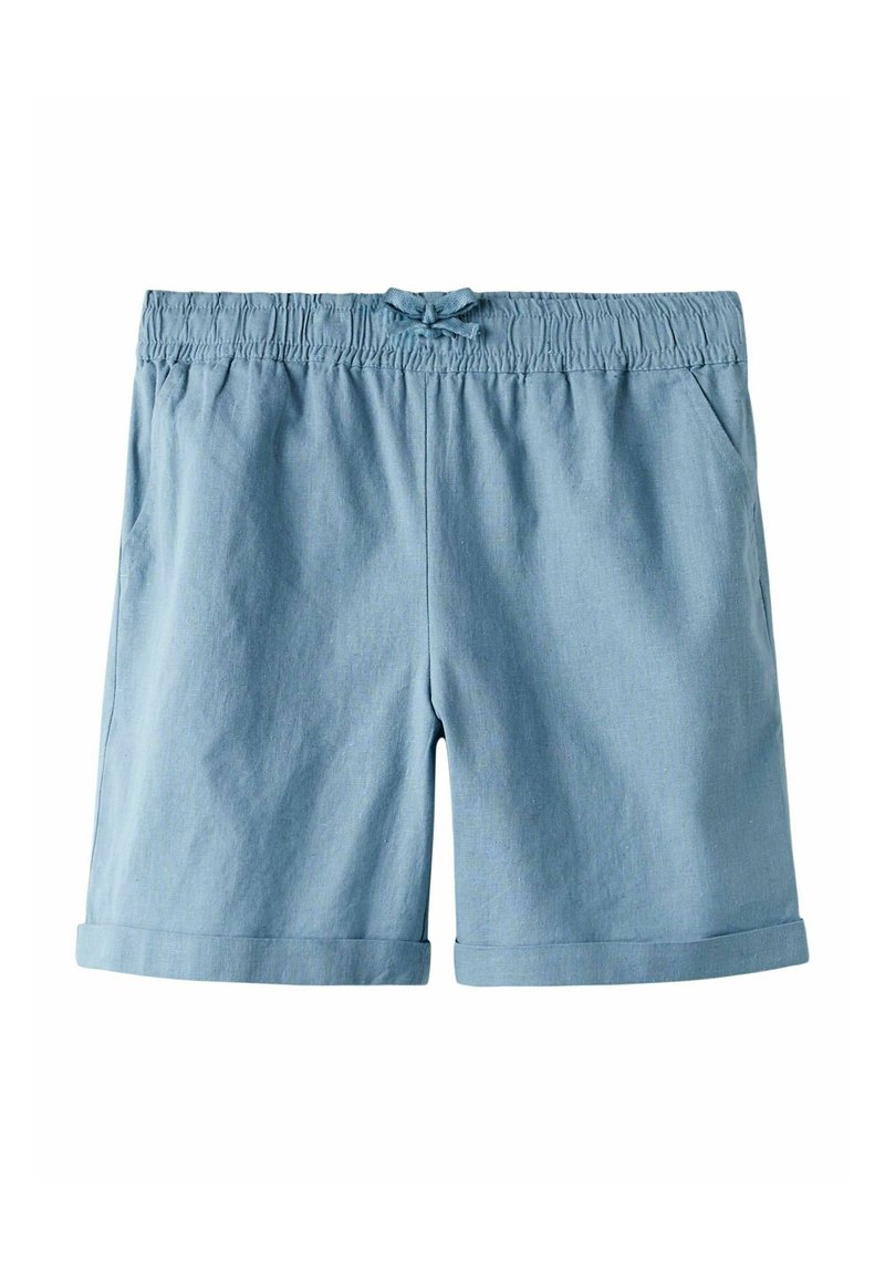 Lichtblauwe, geweven stoffen shorts met een elastische tailleband, zijzakken en omgerolde mouwen. Vlotte textuur en casual ontwerp.
