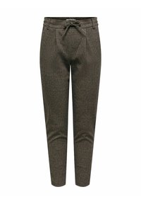 Brązowe spodnie w kratę z talerzem w pasie, zwężającą nogawką, dwoma przednimi kieszeniami i delikatnie teksturowanym materiałem.