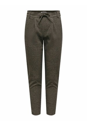 Pantalones a cuadros marrones con cintura ajustable, pierna cónica, dos bolsillos frontales y tela sutilmente texturizada.
