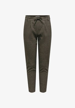 Brūnas rūtainas bikses ar auklu vidukli, šaurām kājām, divām priekšējām kabatām un smalku teksturētu audumu.