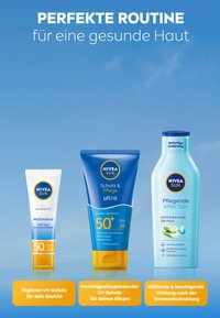 Three NIVEA SUN products: a white tube with blue accents labeled "UV Gesicht 50", a blue tube labeled "Schutz & Pflege ultra 50+", and a blue After Sun bottle.