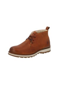 Braune Leder-Stiefelette mit Schnürsenkeln, weißer Sohle und Fleecefutter, geeignet für legere oder Outdoor-Bekleidung.