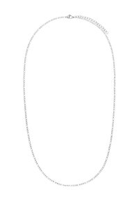 Zilveren ketting met een afgeronde ovale schakelontwerp, voorzien van een karabijnsluiting en een verstelbare lengte.