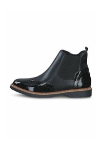 Botine Chelsea din piele neagră cu finisaj lucios, panouri laterale elastice texturate, detalii decorative brogue și toc mic, stratificat.
