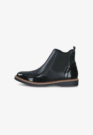 Botte Chelsea en cuir noir avec finition brillante, panneaux élastiques texturés sur les côtés, des détails de brogue décoratifs et un petit talon empilé.