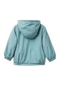 Světle modrá bunda s kapucí, se staženými manžetami a lemem, hladká textura, lehký materiál, navržena pro pohodlí a volnočasové nošení.