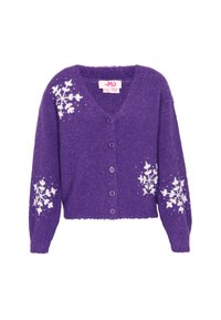 Cardigan tricotat violet cu decolteu în V, având modele de fulgi de zăpadă albi pe mâneci și o serie de nasturi asortați pe față.